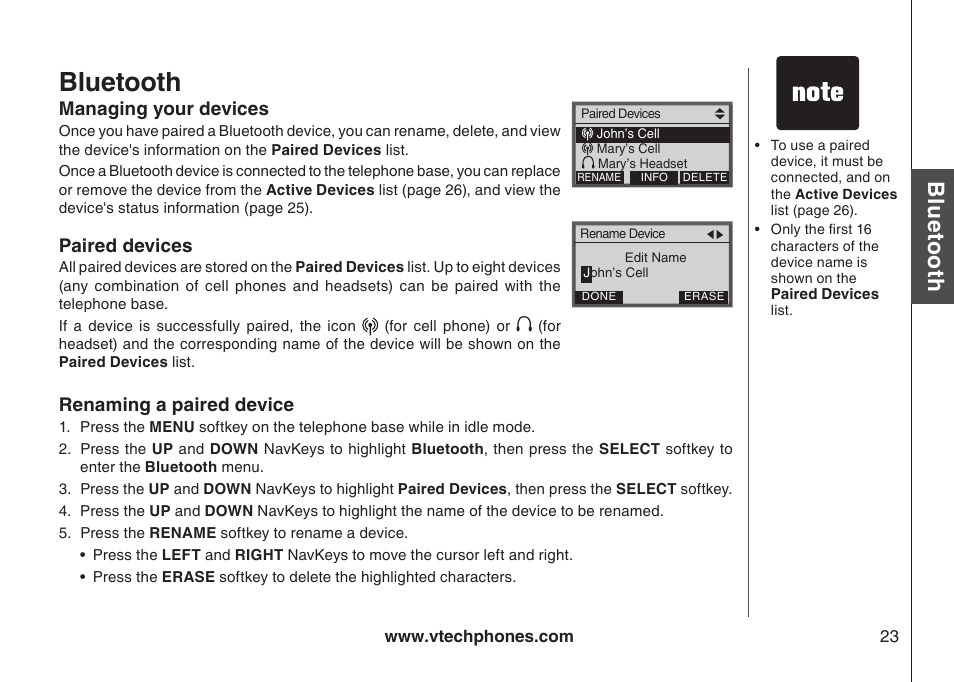 Managing your devices, Paired devices, Rename a paired device | Bluetooth, Blu eto ot h | VTech LS5145 User Manual | Page 27 / 128