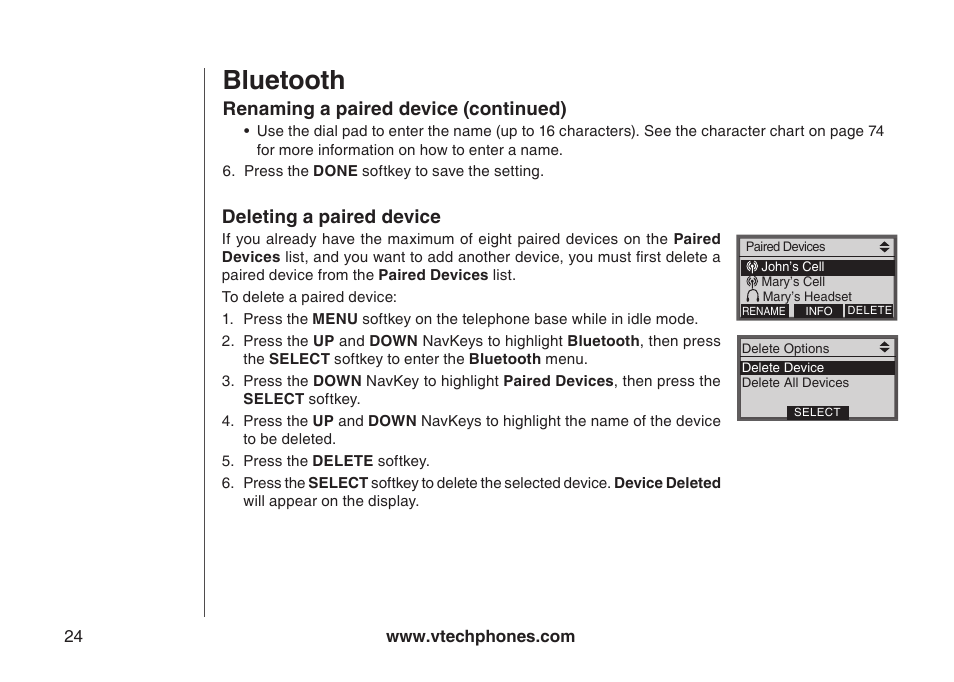 Delete a paired device, Deletng a pared devce, Bluetooth | VTech LS5145 User Manual | Page 28 / 128