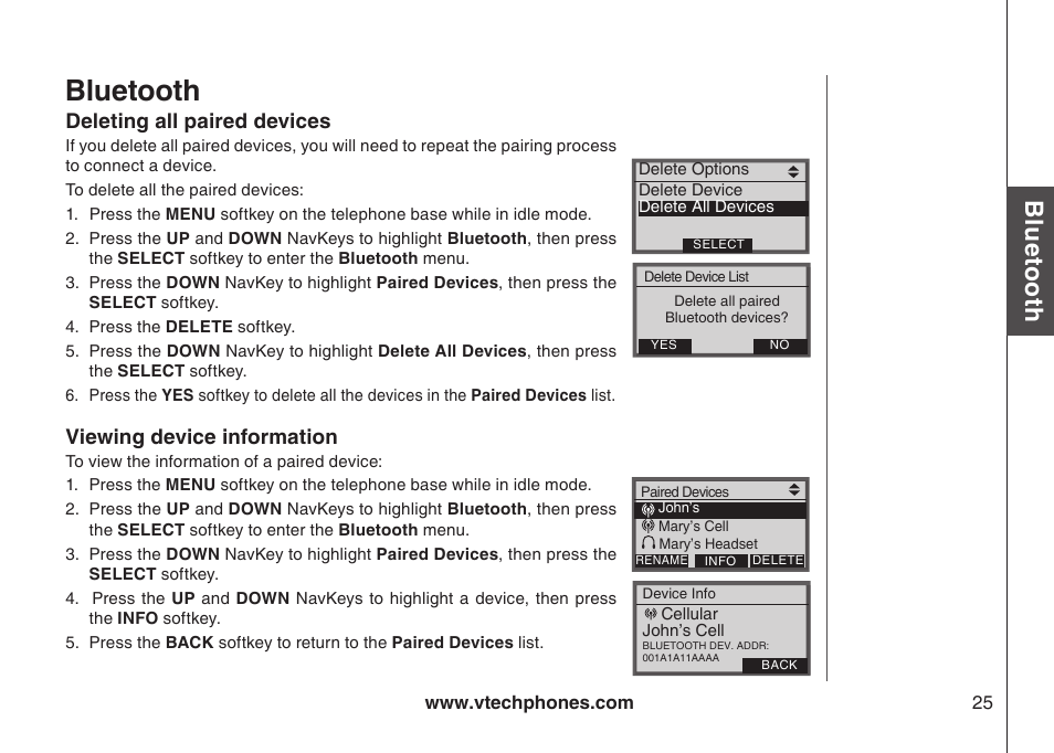 Delete all paired devices, View device information, Deletng all pared devces | Vewng devce nformaton, Bluetooth, Blu eto ot h | VTech LS5145 User Manual | Page 29 / 128