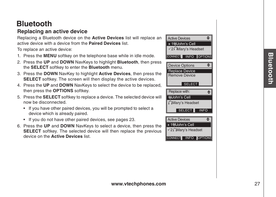 Replace an active device, Replacng an actve devce, Bluetooth | Blu eto ot h | VTech LS5145 User Manual | Page 31 / 128