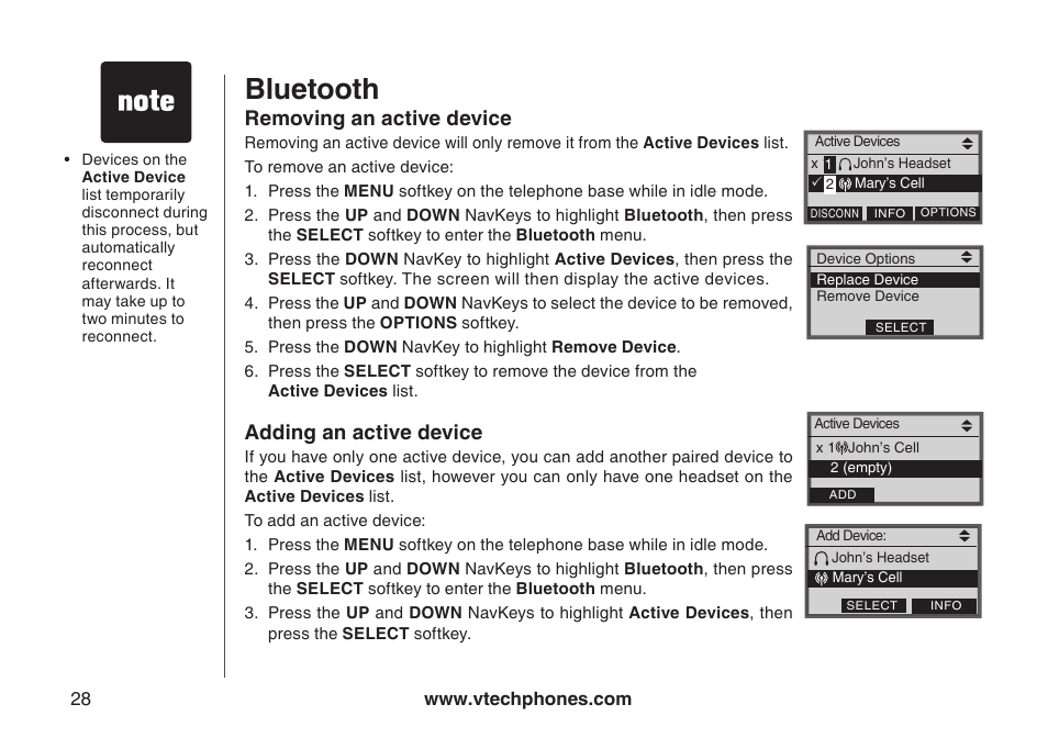 Add an active device, Remove an active device, Removng an actve devce addng an actve devce | Bluetooth, Removing an active device, Adding an active device | VTech LS5145 User Manual | Page 32 / 128