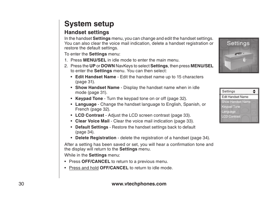 Handset settings, System setup, System setup handset settngs | VTech LS5145 User Manual | Page 34 / 128