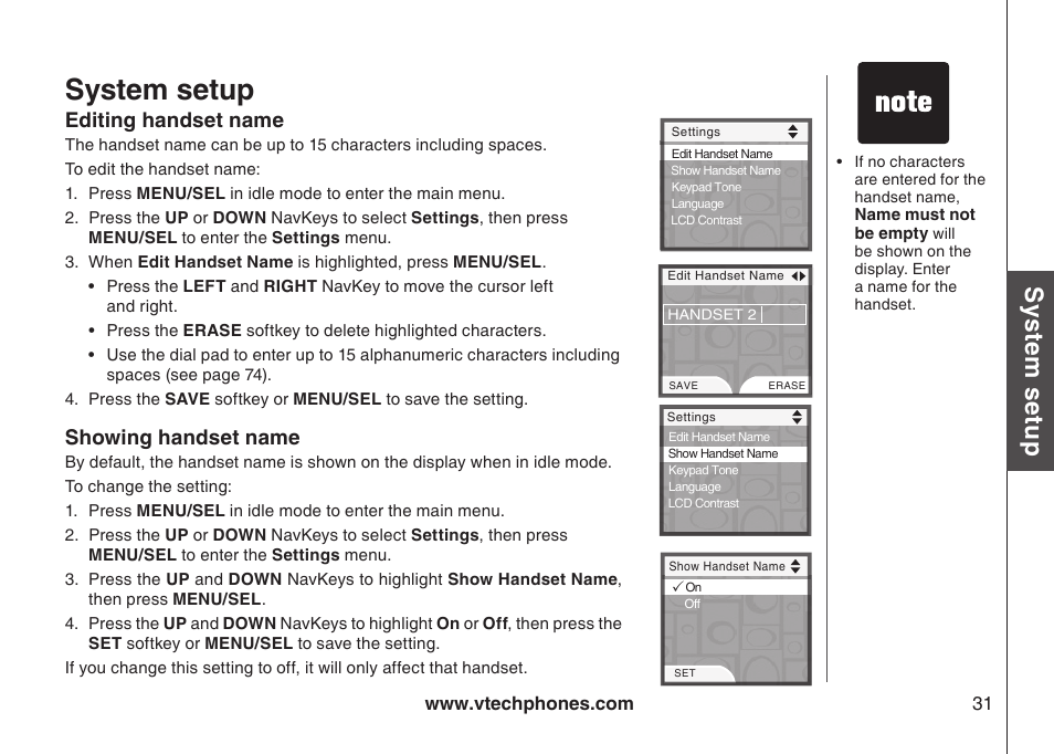 Set time, Edit handset name, Show handset name | Edtng handset name showng handset name, System setup, Sys te m s etu p | VTech LS5145 User Manual | Page 35 / 128