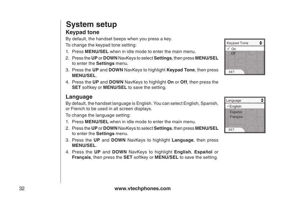 Edit handset name, Show handset name, Keypad tone | Language, Keypad tone language, System setup | VTech LS5145 User Manual | Page 36 / 128