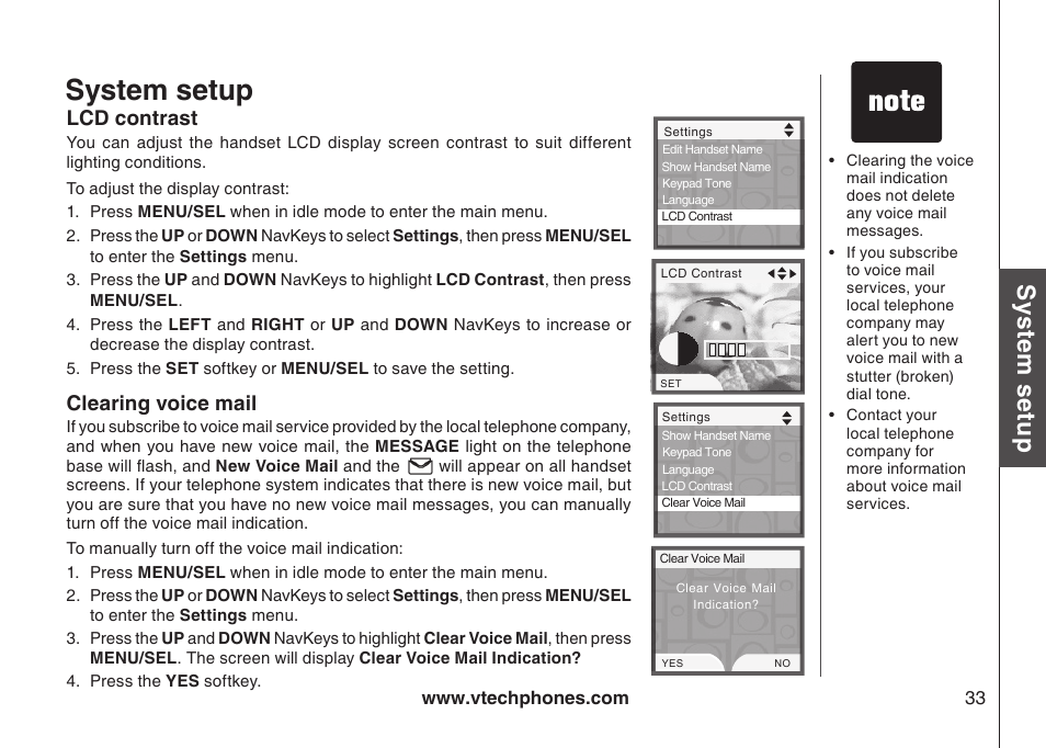 Keypad tone, Language, Lcd contrast | Clear voice mail, Lcd contrast clearng voce mal, System setup, Sys te m s etu p | VTech LS5145 User Manual | Page 37 / 128