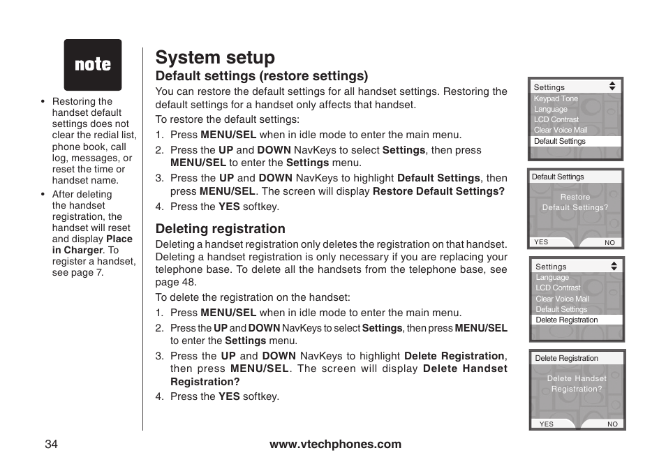 Clear voice mail, Lcd contrast, Default settings (restore settings) | Delete registration, Default settngs deletng regstraton, System setup, Deleting registration | VTech LS5145 User Manual | Page 38 / 128