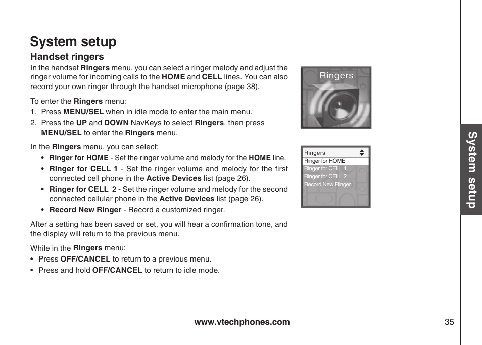 Default settings (restore settings), Delete registration, Handset ringers | Handset rngers, System setup, Sys te m s etu p | VTech LS5145 User Manual | Page 39 / 128