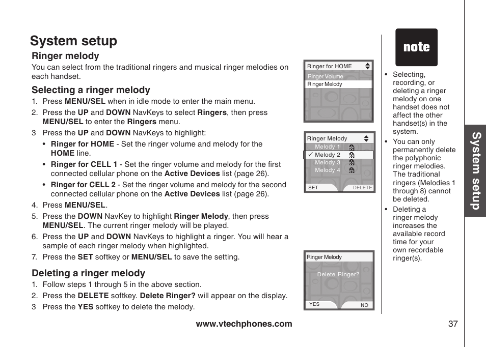 Ringer volume, Ringer melody, Select a ringer melody | Delete a ringer melody, System setup, Sys te m s etu p | VTech LS5145 User Manual | Page 41 / 128