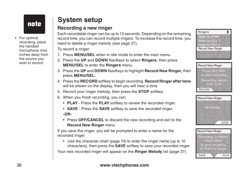 Delete a ringer melody, Ringer melody, Record new ringer | Recordng a new rnger, System setup, Recording a new ringer | VTech LS5145 User Manual | Page 42 / 128