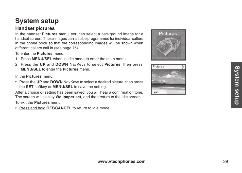 Record new ringer, Handset pictures, Handset pctures | System setup, Sys te m s etu p | VTech LS5145 User Manual | Page 43 / 128