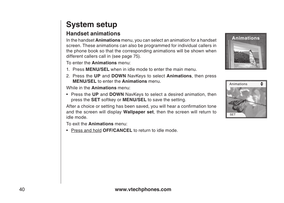 Handset pictures, Handset animations, Handset anmatons | System setup, Anmatons | VTech LS5145 User Manual | Page 44 / 128