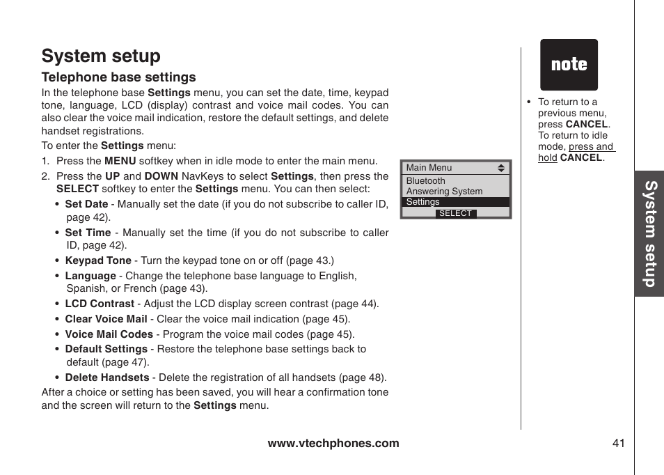 Handset animations, Telephone base settings, Telephone base settngs | System setup, Sys te m s etu p | VTech LS5145 User Manual | Page 45 / 128