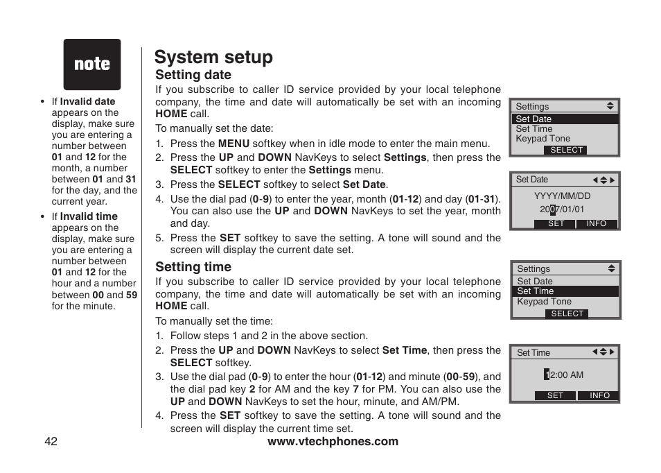 Telephone base settings, Set date, Set time | Settng date settng tme, System setup, Setting date, Setting time | VTech LS5145 User Manual | Page 46 / 128