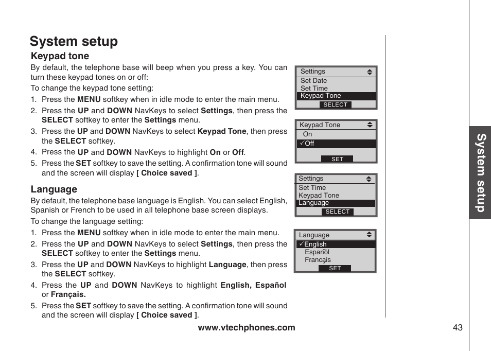 Set date, Keypad tone, Language | Keypad tone language, System setup, Sys te m s etu p | VTech LS5145 User Manual | Page 47 / 128