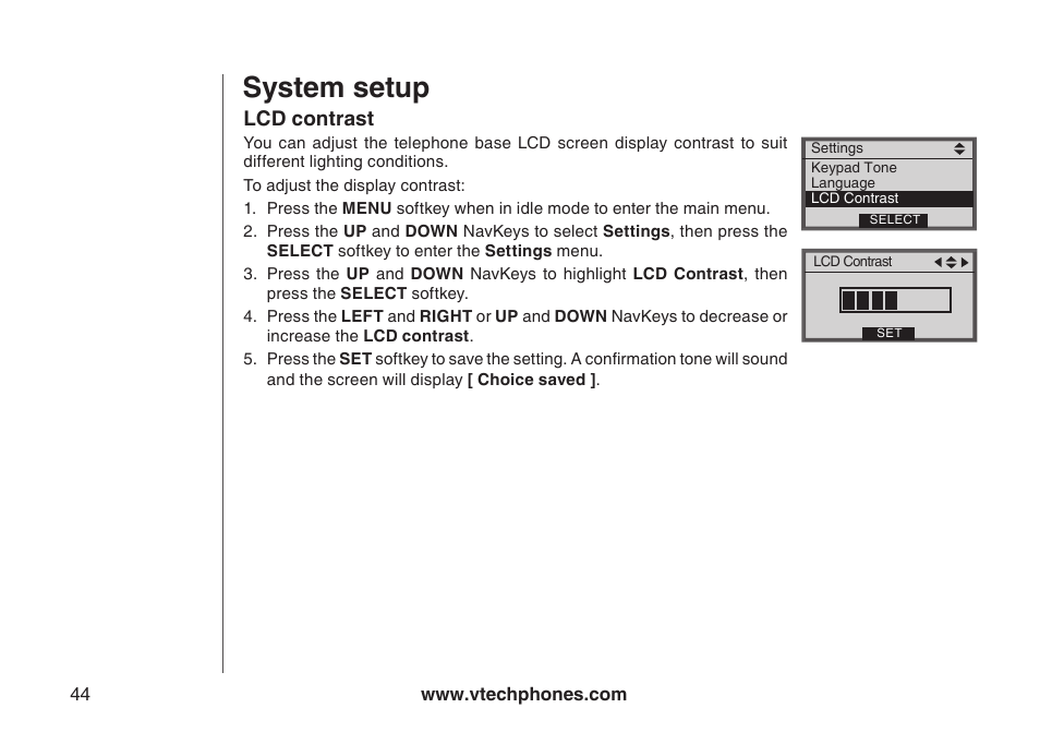 Lcd contrast, Clear voice mail, Lcd contrast clearng voce mal | System setup | VTech LS5145 User Manual | Page 48 / 128