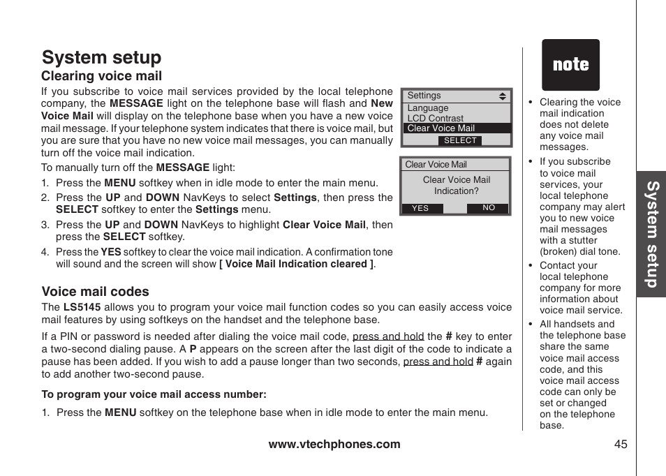 Voice mail codes, Voce mal codes, System setup | Sys te m s etu p | VTech LS5145 User Manual | Page 49 / 128