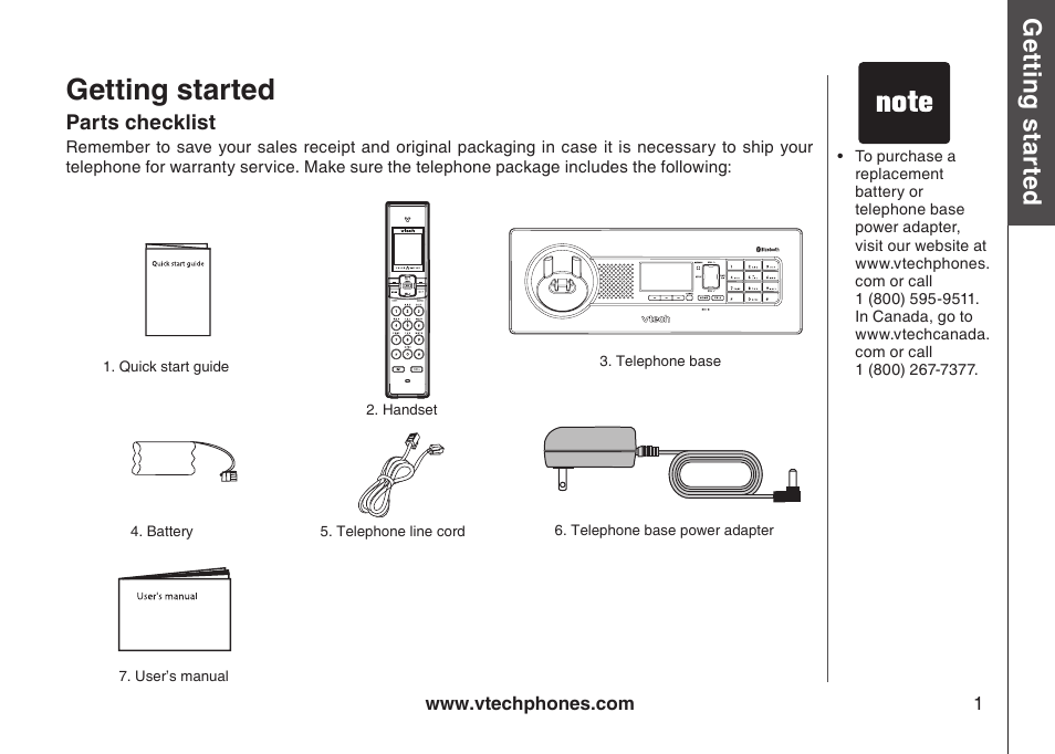 Parts checklist, Getting started, Getting started parts checklst | Gett in g s ta rte d | VTech LS5145 User Manual | Page 5 / 128