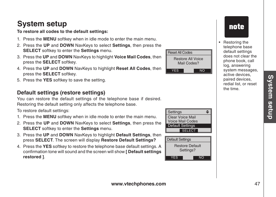 Default settings (restore settings), Default settngs, System setup | Sys te m s etu p | VTech LS5145 User Manual | Page 51 / 128