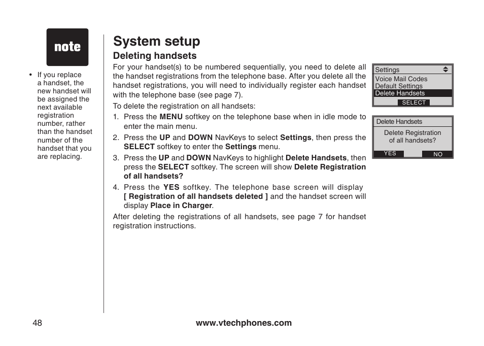 Delete handsets, Deletng handsets, System setup | VTech LS5145 User Manual | Page 52 / 128