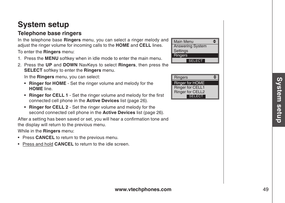 Telephone base ringers, Telephone base rngers, System setup | Sys te m s etu p | VTech LS5145 User Manual | Page 53 / 128