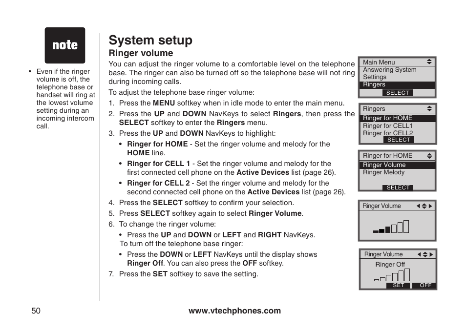 Ringer volume, Rnger volume, System setup | VTech LS5145 User Manual | Page 54 / 128