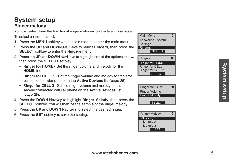 Ringer melody, Rnger melody, System setup | Sys te m s etu p | VTech LS5145 User Manual | Page 55 / 128