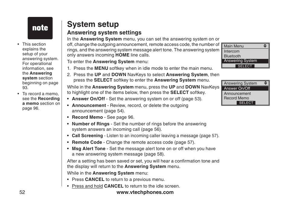 Answering system settings, Answerng system settngs, System setup | VTech LS5145 User Manual | Page 56 / 128