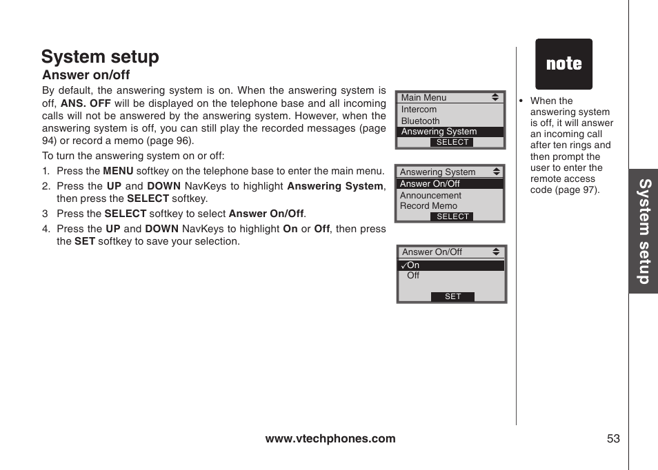 Answer on/off, System setup, Sys te m s etu p | VTech LS5145 User Manual | Page 57 / 128