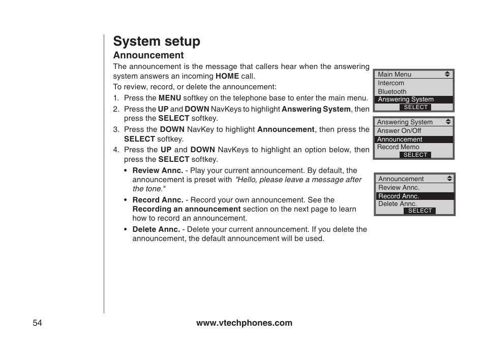 Announcement, System setup | VTech LS5145 User Manual | Page 58 / 128