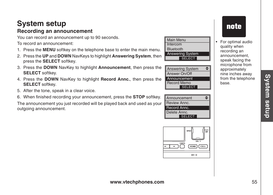 Recording an announcement, Recordng an announcement, System setup | Sys te m s etu p | VTech LS5145 User Manual | Page 59 / 128