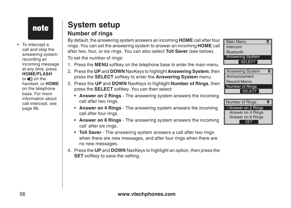 Number of rings, Number of rngs, System setup | VTech LS5145 User Manual | Page 60 / 128