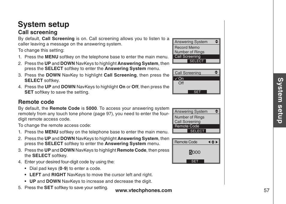 Call screening, Remote code, Call screenng remote code | System setup, Sys te m s etu p | VTech LS5145 User Manual | Page 61 / 128