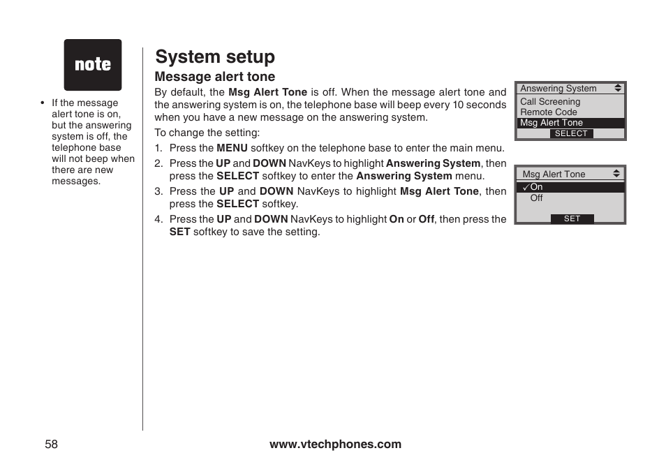 Msg alert tone, Message alert tone, System setup | VTech LS5145 User Manual | Page 62 / 128