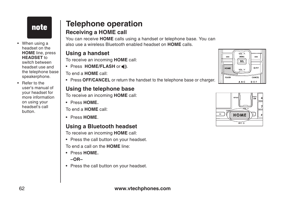 Receive a home call, Recevng a home call, Telephone operation | VTech LS5145 User Manual | Page 66 / 128