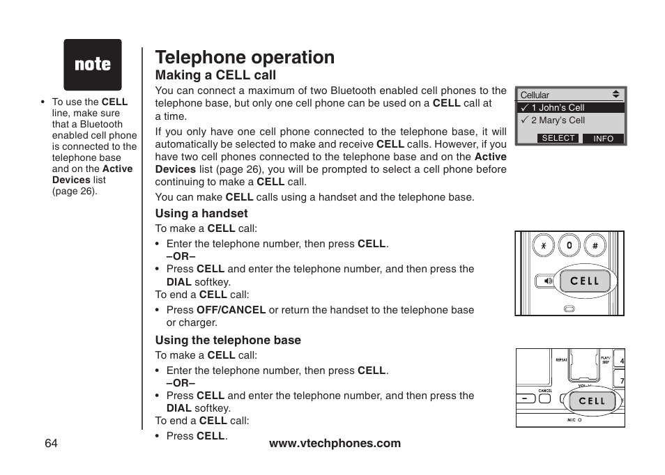 Make a cellular call, Make a cell call, Makng a cell call | Telephone operation | VTech LS5145 User Manual | Page 68 / 128