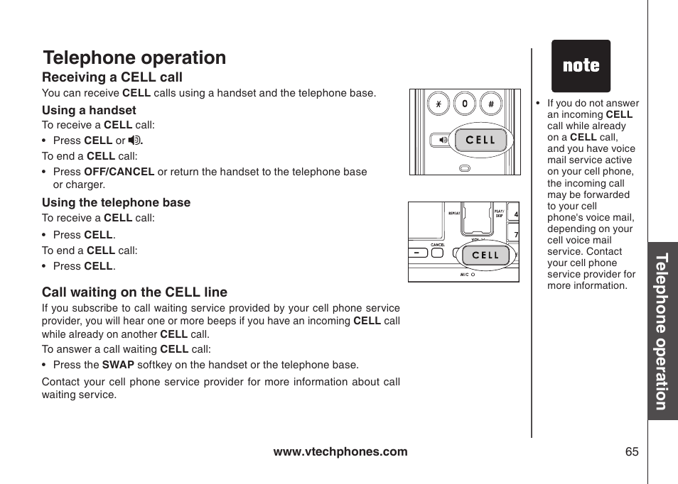 Call waiting on the cellular line, Receive a cellular call, Receive a cell call | Call waiting on the cell line, Telephone operation, Bas ic o pe ra tio n | VTech LS5145 User Manual | Page 69 / 128