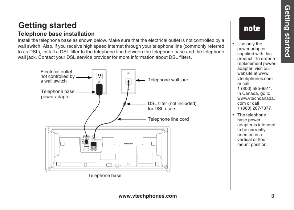 Battery installation and charging, Battery nstallaton and chargng, Getting started | Gett in g s ta rte d, Bas ic o pe ra tio n | VTech LS5145 User Manual | Page 7 / 128