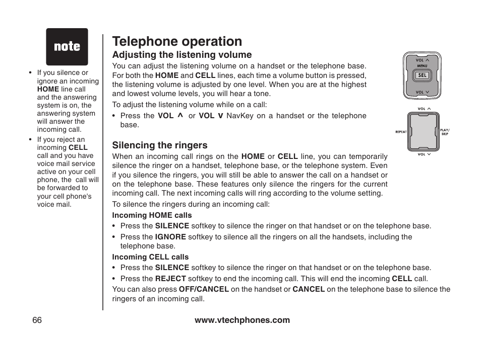 Adjusting the listening volume, Silencing the ringers, Telephone operation | VTech LS5145 User Manual | Page 70 / 128