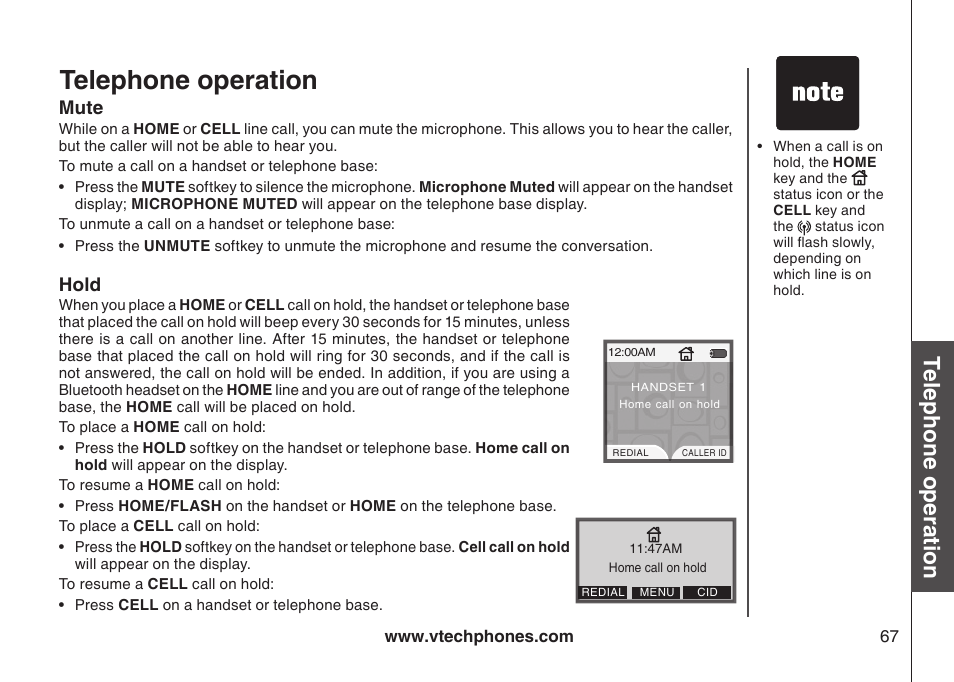 Hold, Mute, Mute hold | Telephone operation, Bas ic o pe ra tio n | VTech LS5145 User Manual | Page 71 / 128