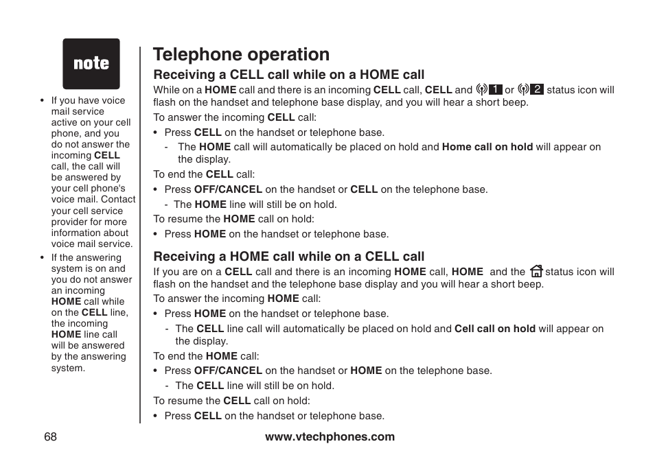 Receive a cell call while on a home call, Receive a home call while on a cell call, Telephone operation | VTech LS5145 User Manual | Page 72 / 128