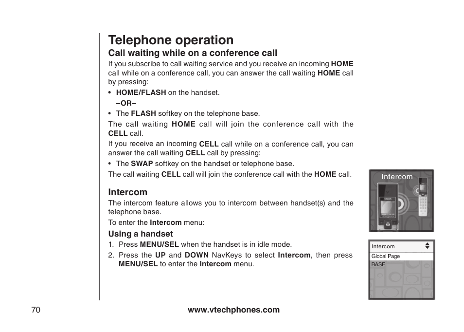 Conferencing home and cellular calls, Call waiting while on a conference call, Intercom | Call watng whle on a conference call intercom, Telephone operation | VTech LS5145 User Manual | Page 74 / 128