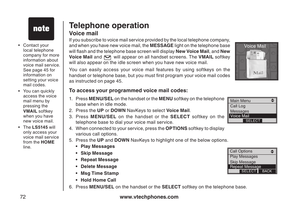 Voice mail, Voce mal, Telephone operation | VTech LS5145 User Manual | Page 76 / 128