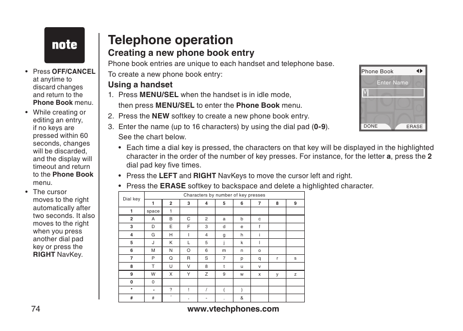 Creating a new directory entry, Creating a new phone book entry, Creatng a new phone book entry | Telephone operation, Using a handset | VTech LS5145 User Manual | Page 78 / 128