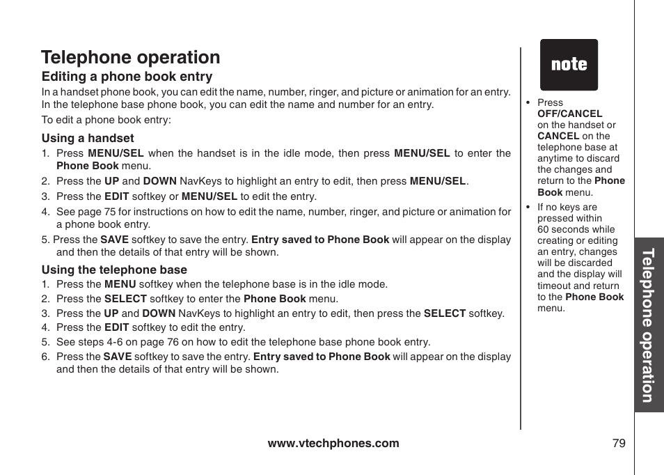 Edit a phone book entry, Edtng a phone book entry, Telephone operation | Bas ic o pe ra tio n | VTech LS5145 User Manual | Page 83 / 128