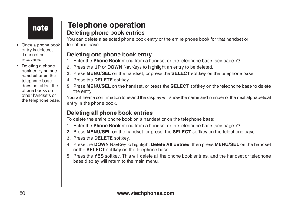 Deleting directory entries, Deleting phone book entries, Deletng phone book entres | Telephone operation | VTech LS5145 User Manual | Page 84 / 128