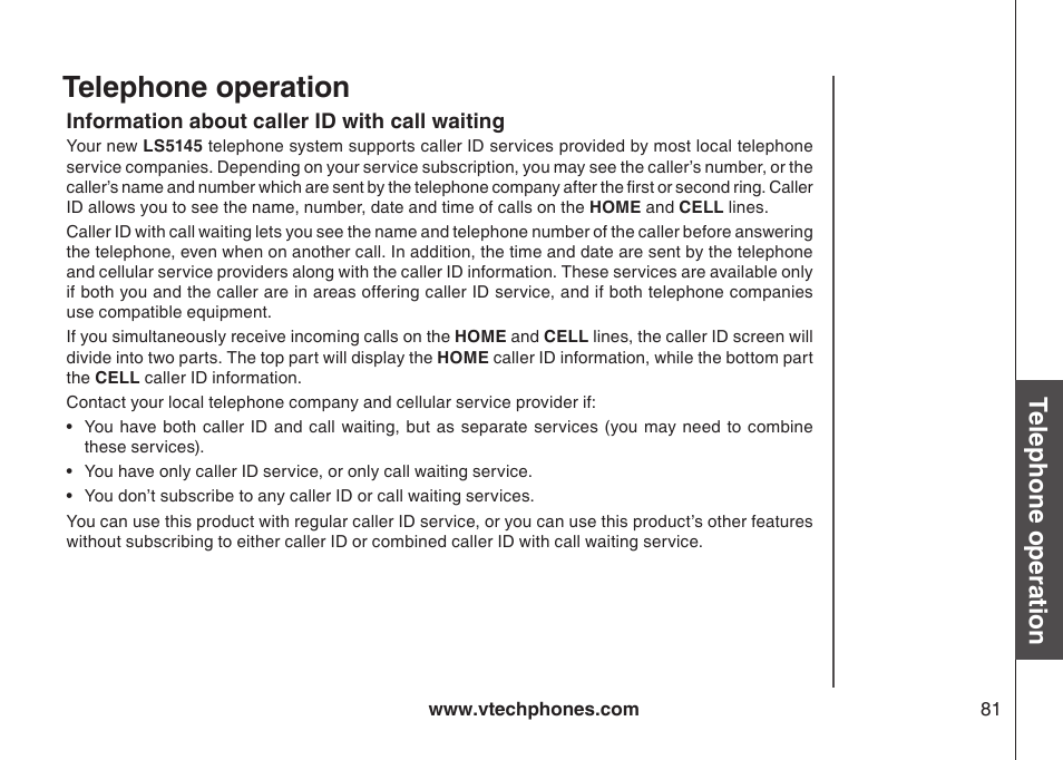 Information about caller id with call waiting, Informaton about caller id wth call watng, Telephone operation | VTech LS5145 User Manual | Page 85 / 128