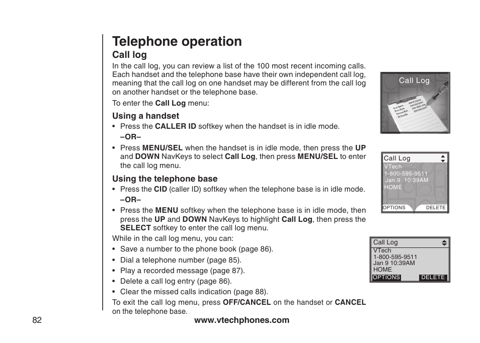 Call log, Telephone operation | VTech LS5145 User Manual | Page 86 / 128