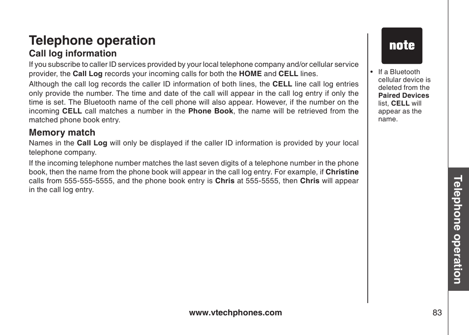 Memory match, Call log information, Call log nformaton memory match | Telephone operation, Bas ic o pe ra tio n | VTech LS5145 User Manual | Page 87 / 128