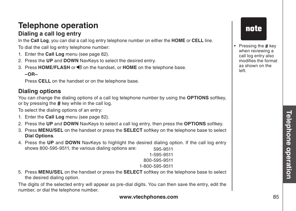 Dialing a call log entry, Dialing options, Dalng a call log entry dalng optons | Telephone operation, Bas ic o pe ra tio n | VTech LS5145 User Manual | Page 89 / 128