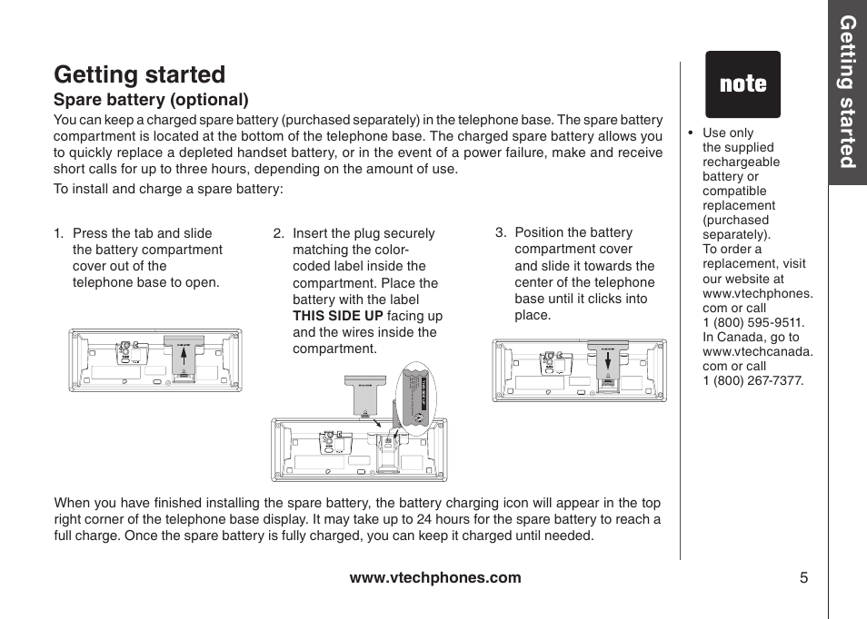 Telephone base installation, Telephone base nstallaton, Getting started | Gett in g s ta rte d, Bas ic o pe ra tio n | VTech LS5145 User Manual | Page 9 / 128